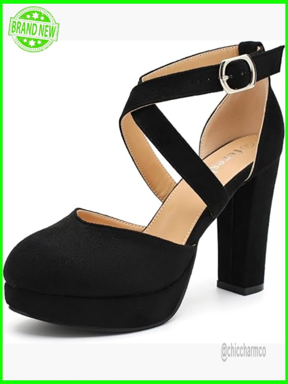 Chunky block heel pumps, crisscross ankle strap, 3.94 inch, closed toe,